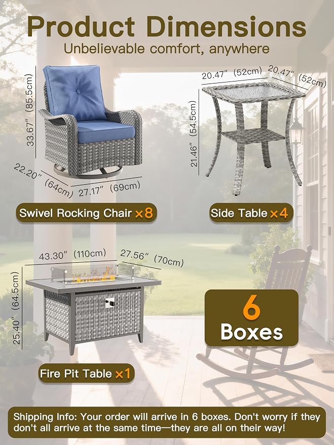 13-Piece Outdoor Conversation Set with 43" Fire Pit Table, 8 Swivel Rocking Chairs (4" Cushions) & 4 Side Tables, All-Weather PE Rattan & Steel Frame for Porch, Deck, Backyard, Blue