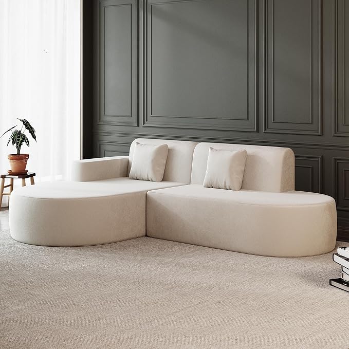 MELLCOM Modern Curved Boneless Sofa Couch, L-Shaped Corner Sofa, No Assembly Needed, Chenille Upholstered Cloud Sectional Couch for Living Room, Bedroom and Apartment (Beige, Left Hand Facing)