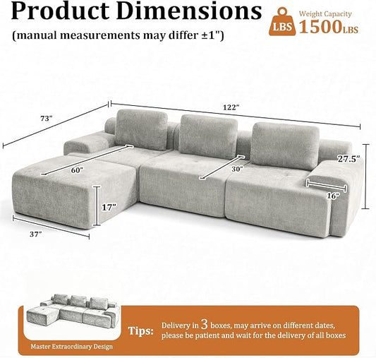 122" L Shaped Oversized Boneless Couch, Comfort Cloud Sectional Couches for Living Room, Modular Sofa High Back & Extra Deep Seat, No Assembly, Soft Chenille(Light Grey, 122 inch-L shaped(3+1))