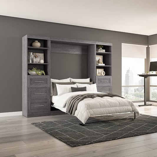 Bestar Pur Full Murphy Bed and 2 Shelving Units with Drawers, 109-inch Space-Saving Wall Bed