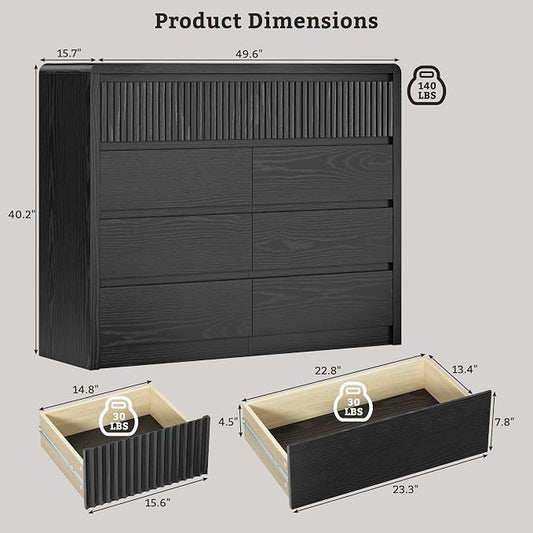 LYNSOM 9 Drawer Dresser for Bedroom, 50" Wide Fluted Dresser with Curved Corners, Wood Dressers & Chests of Drawers with Dual-Panel Design for Bedroom, Entryway, Black