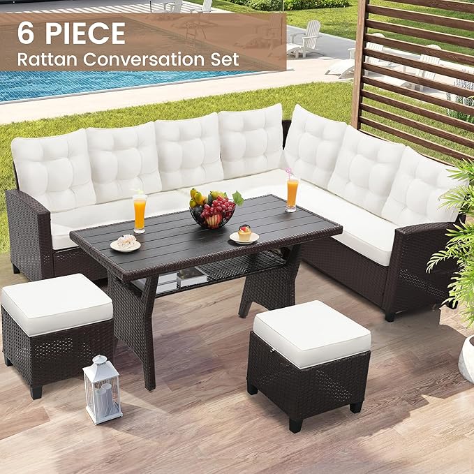 KROFEM 6-Piece Patio Furniture Set, Outdoor Sectional Sofa with Dining Table & Chairs, All-Weather Dining Set with Removable Cushion Covers, Ideal for Garden, Porch, Backyard, White