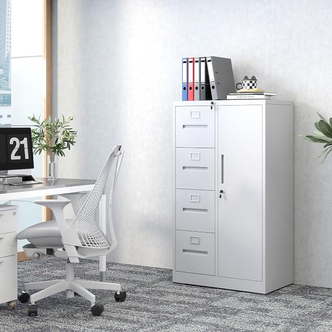 IKIMI Locking File Cabinet with 4 Drawers and 1 Door,White Metal Storage Locker Cabinets for Employees,Home Office Filing Cabinets for Legal/Letter Size Files, Assembly Required