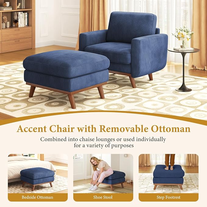 Vesgantti 38.5" Accent Chair with Movable Ottoman, Comfy Corduroy Armchair with Spring Cushion, Reading Chair with Ottoman, Modern Single Sofa for Living Room, Bedroom and Apartment, Dark Blue