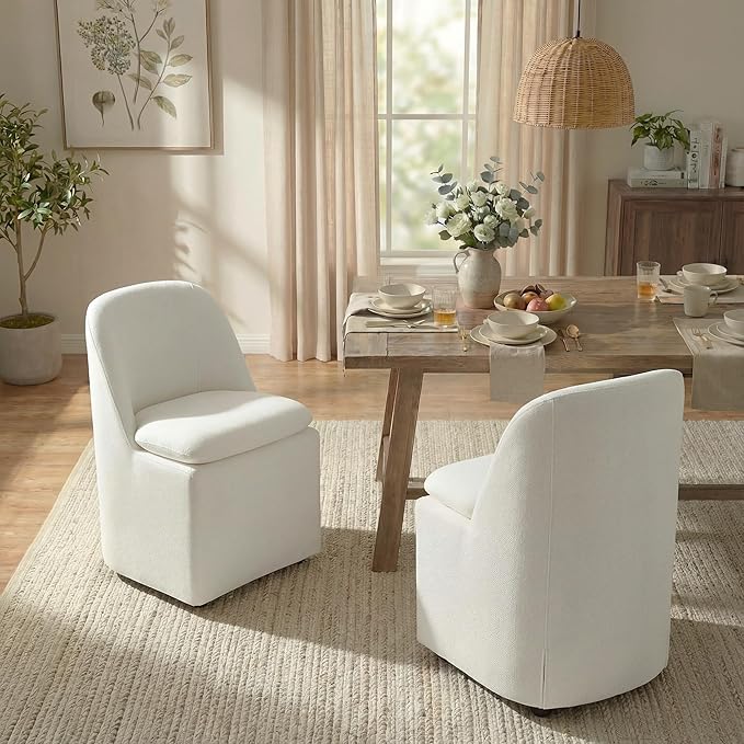 KISLOT Upholstered Dining Chairs with Casters, Washable Cover Modern Dining Room Chairs with Thick Cushion & Sturdy Metal Frame for Kitchen, Living Room, Dressing Room, Beige Fabric, Set of 4