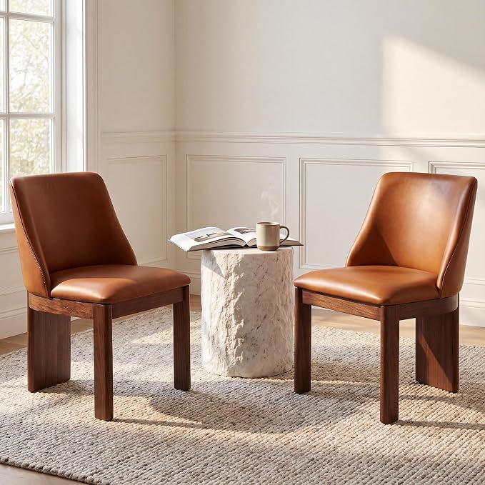 RIVOVA Upholstered Dining Chairs Set of 4, Modern Wooden Dining Room Chair PU Leather Kitchen Chairs Farmhouse Dinner Chair, Brown