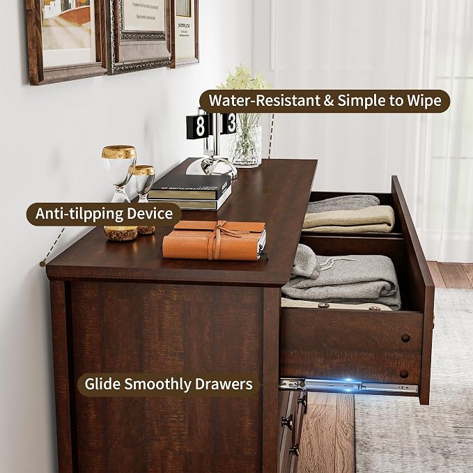 Farmhouse Dresser Nightstand Sets, 3-Piece Bedroom Furniture Set for Home | 5/6 Drawer Dresser Closet & 3 Drawer Nightstand, Chest of Drawers for Bedroom, Living Room, Entryway, Dark Brown