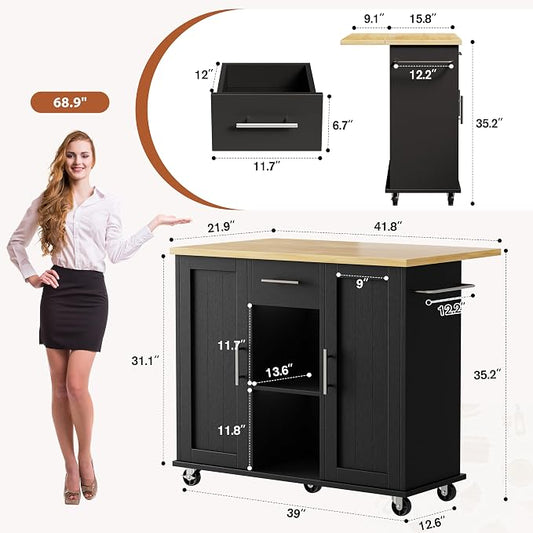 JY QAQA 42" Kitchen Island with Storage on Wheels, Rolling Table with Drop Leaf, Drawers, Cart Handle for Towel Rack or Free Movement, Black