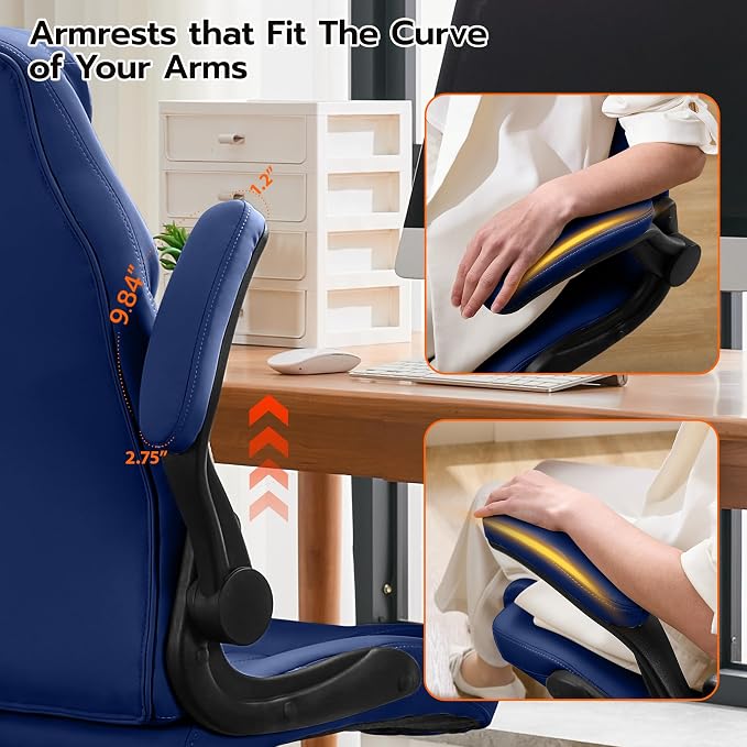 Ylzyxal Office Desk Chair, Ergonomic Computer Chair with Padded Flip-Up Arms and Adjustable Lumbar Support, PU Leather Executive Chair with Tilt Lock and 360° Swivel Rolling Wheels for Work, Study