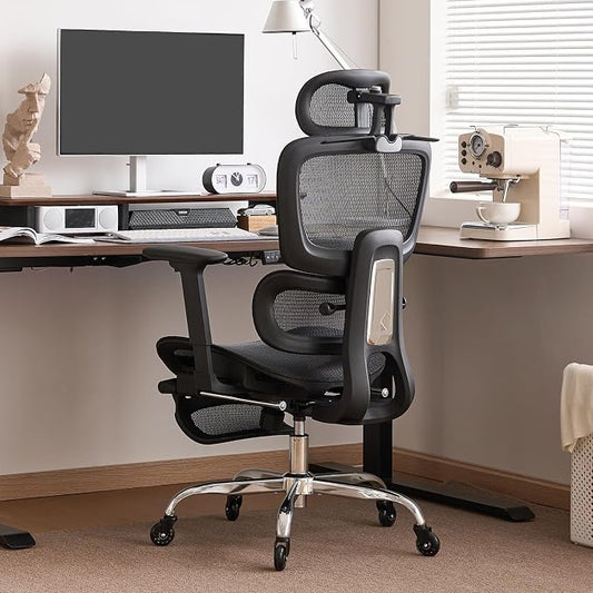 Office Chair with Footrest, Ergonomic Chair with Neck Pillow & Rubber Wheels, Computer Chair with Adjustable Backrest & 3D Armrests Headrest, Gaming Chair Adaptive Lumbar Support, Black