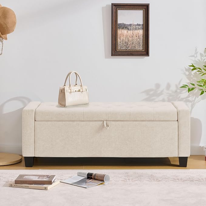 Huatean Home 43" Ottoman with Storage, Storage Ottoman Bench with Safety Hinge, Upholstered Entryway Bench with Seating for Bedroom, Living Room, Holds up to 330 lb, Beige