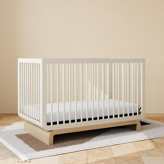 Storkcraft Santorini 5-in-1 Convertible Crib with Toddler Guardrail – GREENGUARD Gold Certified, Conversion Kit Included, 100% Solid Wood, Fits Standard Crib Mattress (Frosted Oat and Driftwood)