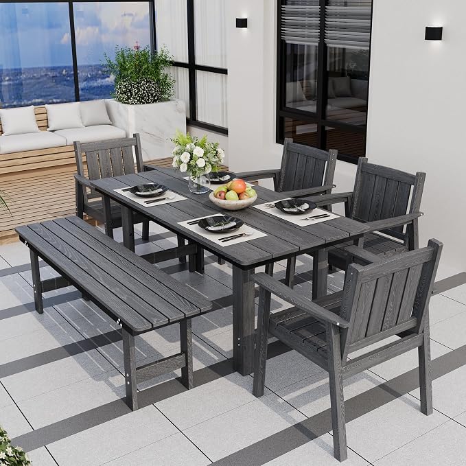 Pamapic 6 PCS Outdoor Dining Set, Spacious HDPE Outdoor Table with 4 Chairs and 1 Bench, Wood Grain Patio Furniture Sets with Elegant Armrest, All-Weather Patio Dining Table with Umbrella Hole, Gray
