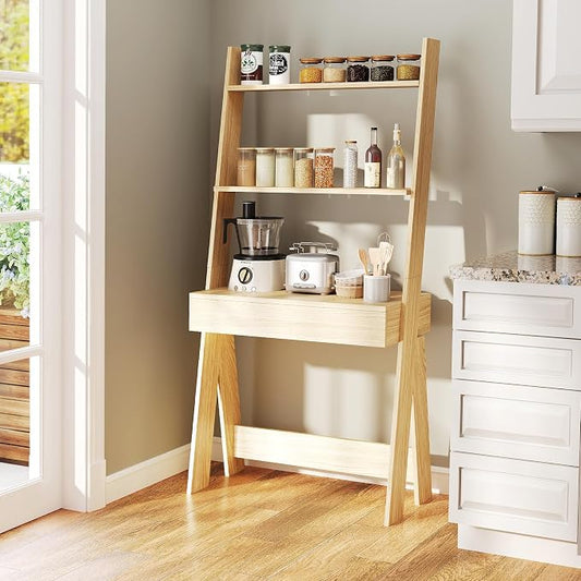 Tangkula Ladder Desk with Countertop & Drawer, Home Office Computer Laptop Table with Open Shelves & Anti-Tip Kits, Wall-Leaning Compact Working Station for Small Spaces (Natural)