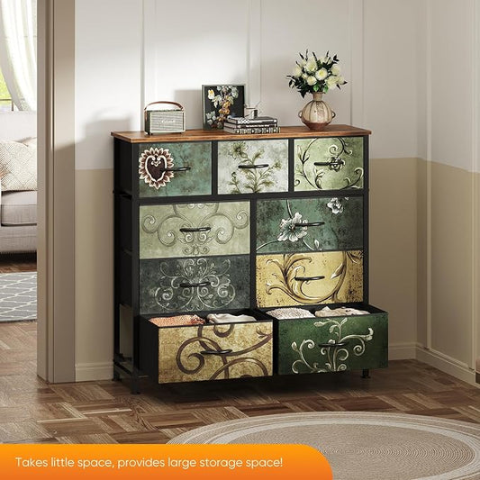 DUMOS 9 Drawer Dresser for Bedroom, Storage Organizer Chest of Drawers | Fabric Bins Storage Tower with Sturdy Metal Frame, Wood Tabletop for Closet, Vintage