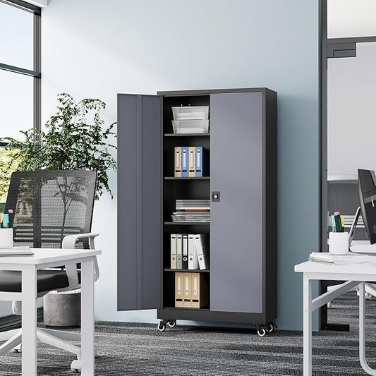 Fesbos Metal Rolling Storage Cabinet-74.6” Tall Steel File Cabinets with Wheels Lockable Doors and Adjustable Shelves-Black & Gray Steel Storage Cabinet for Home, School, Office, Garage