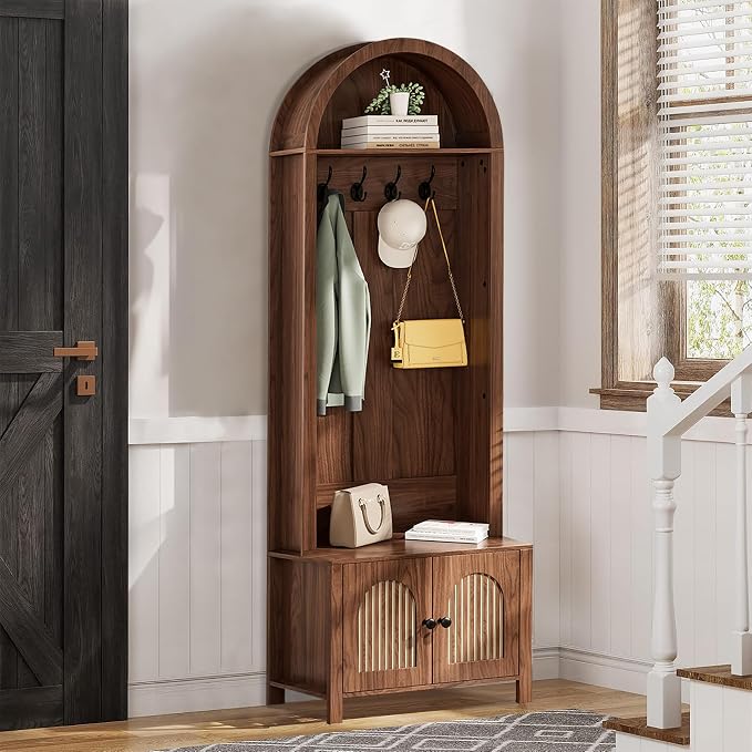 Hall Tree with Bench and Shoe Storage, Entryway Storage Bench with Coat Rack, 70.9"Arch Coat Rack with 4 Hooks and 2 Fluted Doors, Farmhouse Style Furniture Organizer for Hallway (Walnut, 23.7"W)
