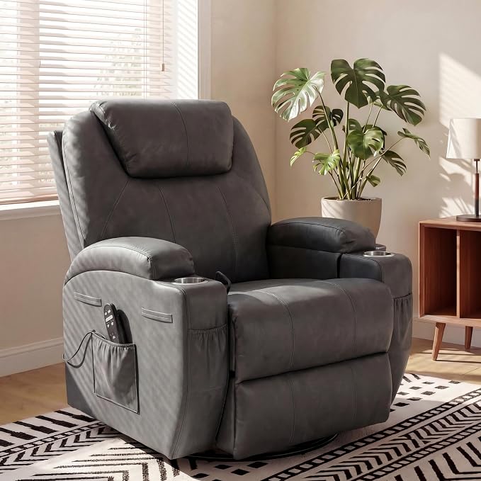 JUMMICO Small Swivel Rocker Recliner, 360 Rocking Chair Recliner with Massage, Upholstered Leathaire Rocker Recliner with Cup Holder for Living Room, Bedroom, Nursery (Dark Gray)