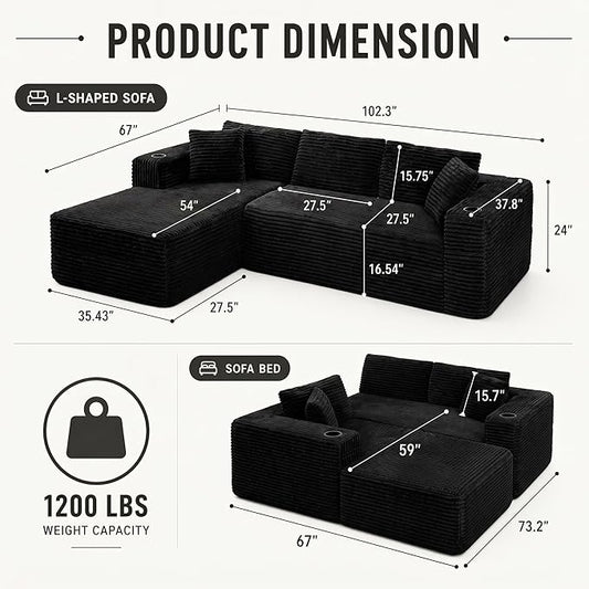 103” Cloud Sectional Couch, Convertible Boneless Couch, Modular L-Shaped Couch, Soft Friendly Fluffy Couch, No Assembly Required(Left-Facing, Black)