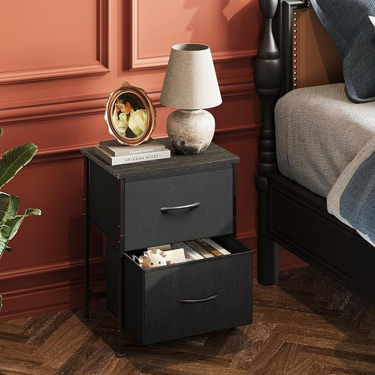 WLIVE Black Night Stand, Small Dresser with 2 Drawers & Wooden Top, Nightstand with Fabric Bins, Bedside Table End Table for Bedroom, Closet, Entryway, College Dorm, Charcoal Black