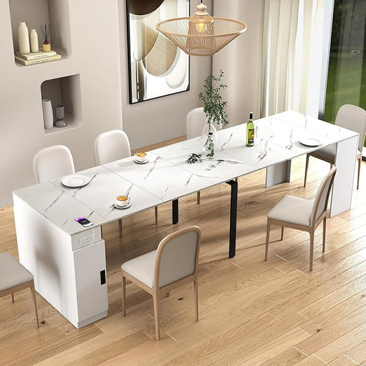 Transformer Dining Table, Expandable Console Table with Outlet & Storage, Extendable Folding Table for 10-12 People, Space Saving Modern Dining Room Furniture, White