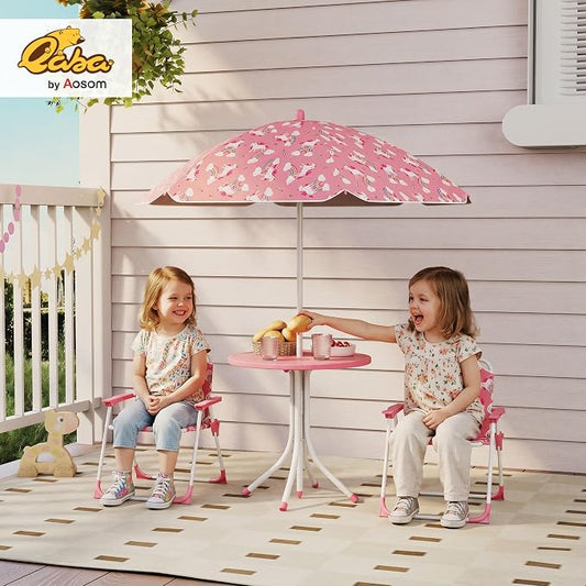 Qaba Kids Picnic Table and Chair Set, Outdoor Activity Table with Foldable Chairs, Removable Umbrella, Unicorn and Rainbow Pattern Toddler Patio Furniture for Backyard, Garden, Pink