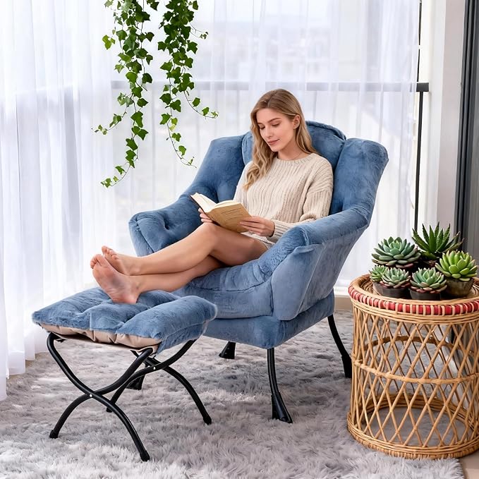 Welnow Lazy Chair with Ottoman, Modern Accent Chair with Armrests and a Side Pocket, Leisure Sofa Armchair Set, Reading Armchair with Footrest for Small Space, Plush Light Blue