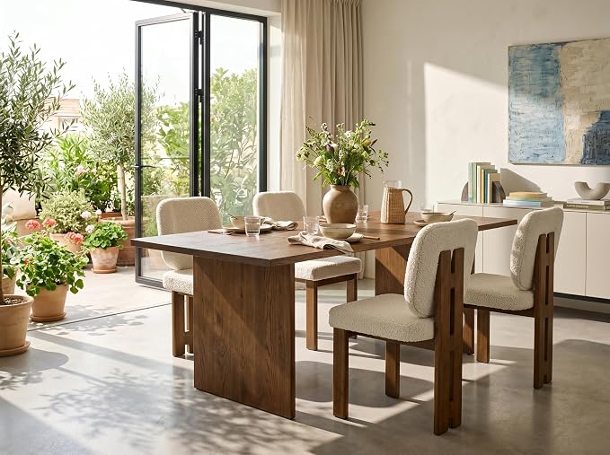 CIMOTA Modern Boucle Dining Chairs Set of 4, Upholstered Armless Side Chairs with Ergonomic Curved Back/Walnut Wood Legs, Mid-Century Accent Chairs for Kitchen or Dining Room, Beige