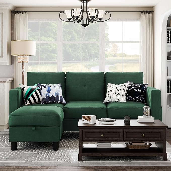 Shintenchi 76" Modern Upholstered Sectional Sofa Couch,L-Shaped Convertible Sofa with Storage Ottoman,Comfy Couches with Side Storage Pockets for Living Room,Green Linen Fabric