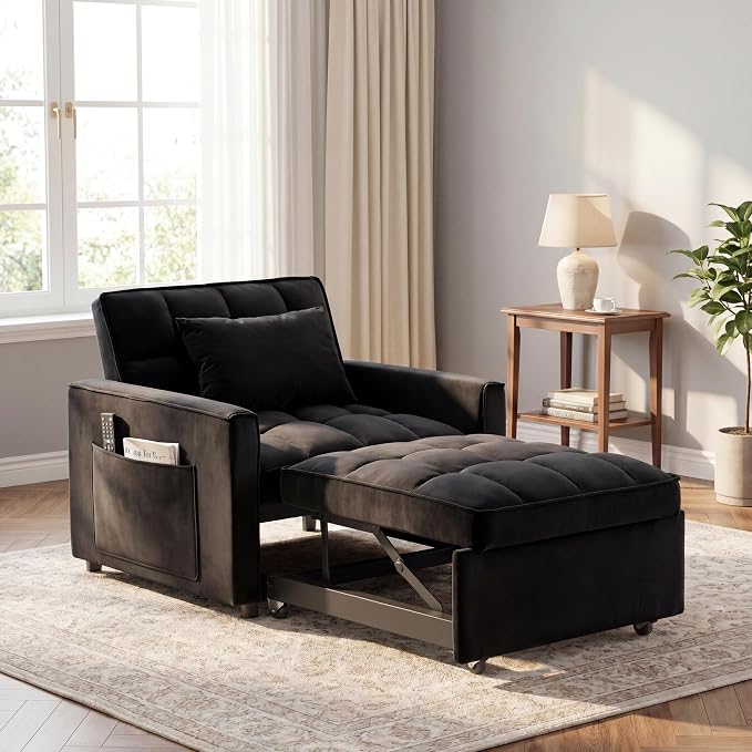 Sleeper Chair, Pull Out Chair Sleeper with Adjustable Back & Pocket, Convertible Chairs Bed Sleepers for Adults, 3 in 1 Sofa Bed Chairs for Small Spaces, Living Room, Black