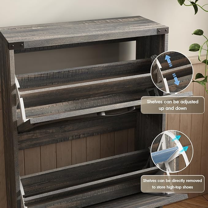 Maupvit 24" W Farmhouse Shoe Cabinet Storage for Entryway, Freestanding Organizer with 2 Flip Drawers, Narrow Shoe Rack Cabinet with Metal Corner Decoration, Dark Rustic Oak