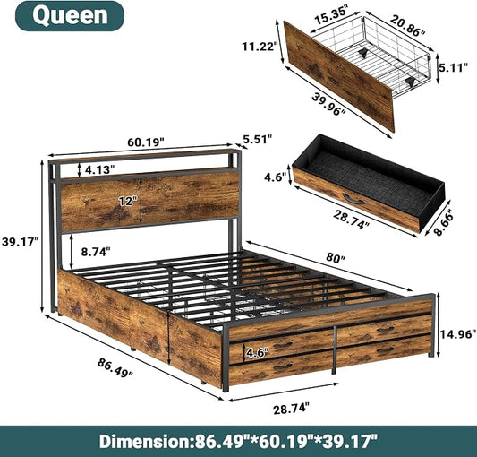 Zevemomo Queen Bed Frame with 8 Storage Drawers, Queen Metal Bed Frame with LED Light and Charging Station, Heavy Duty Metal Slats, No Box Spring Needed, Rustic Brown