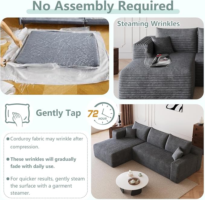 95" Modular Sectional Sofa, Modern Corduroy Cloud Couch with Side Pockets, Boneless Couch Upholstered 3-Seater L-Shaped Sofa for Living Room, No Assembly Required (Dark Gray,Left-Facing Chaise)