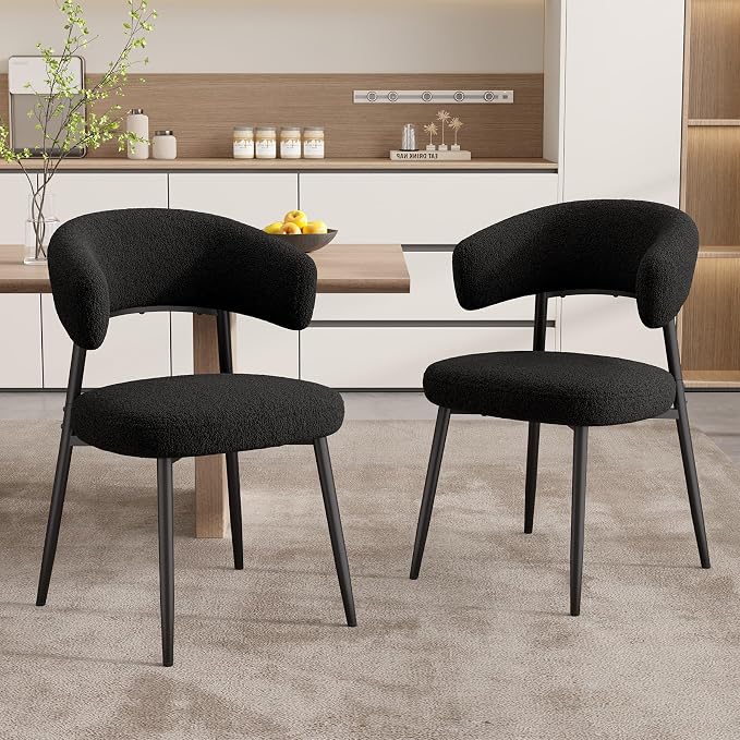 Dining Chairs Set of 6, Mid Century Modern Kitchen Chairs, Boucle Upholstered Dining Chair with Curved Backrest & Metal Legs for Kitchen Dining Room, Black