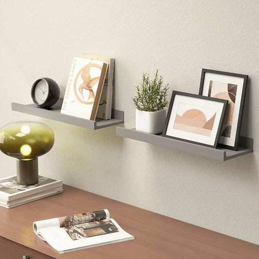 Boswillon Floating Shelves for Wall, Wall Shelves Set of 2, Bedroom Shelves with Lip, Display Picture Ledge Shelf for Wall Decor Bedroom Living Room Bathroom Kitchen - Grey