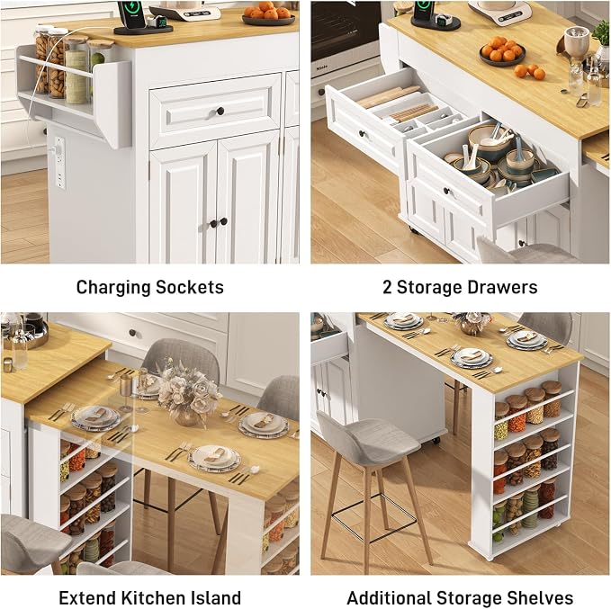 80"-48" Extendable Kitchen Island with Extended Dining Table and Power Outlet,Large Mobile Kitchen Storage Islands with 2 Storage Drawers,Rolling Islands Cart with 3 Extra Rows Open Shelves(White)