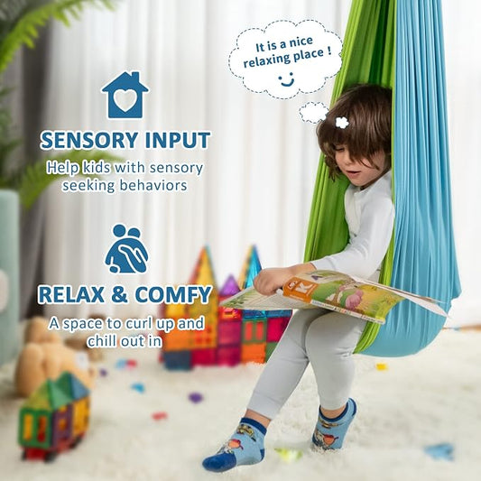 OUTREE Sensory Swing, Double Layer Therapy Swing with 360° Swivel Hanger, Healing & Relaxing Cuddle Sensory Swing for Kids and Adults with Autism, ADHD, Sensory Processing Disorder(Blue and Green)