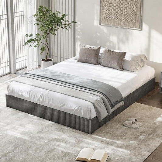 Garvee Queen Bed Frame, Wood Platform Bed with Fluted Design, Low Profile BedFrame, Minimalist Bed Base with Noise-Free, Easy Assembly, No Box Spring Needed, Charcoal Grey