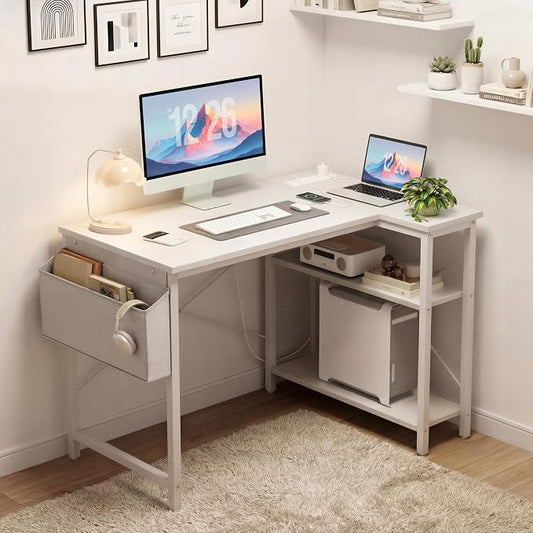 TIQLAB Small Computer Desk with Power Outlets, 40 Inch L Shaped Desk with Reversible Shelves, Gaming Desk Corner Desk Study Writing Desk for Home Office Bedroom Small Space, White
