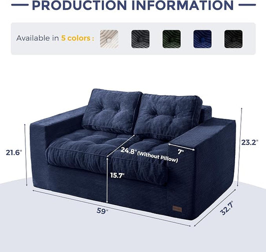 MAXYOYO Loveseat Sofa Couch, Upholstered Bean Bag Chair Cloud 2-Seat for Adults, Boneless Couch with Tufted Cushion & Pillows, Sofa in A Box, No Assembly Required, Navy