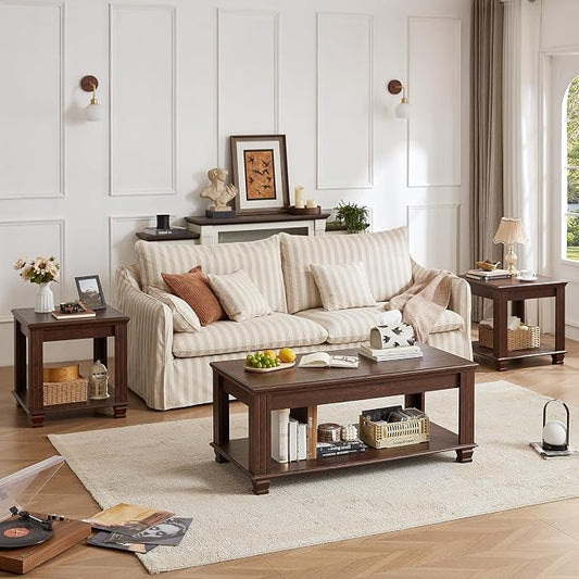 SAVOR LIFE Farmhouse Coffee Table Set of 3,Rustic Wooden Living Room Table Set,Large Coffee/End Side Tables with Open Shelf for Living Room,Walnut