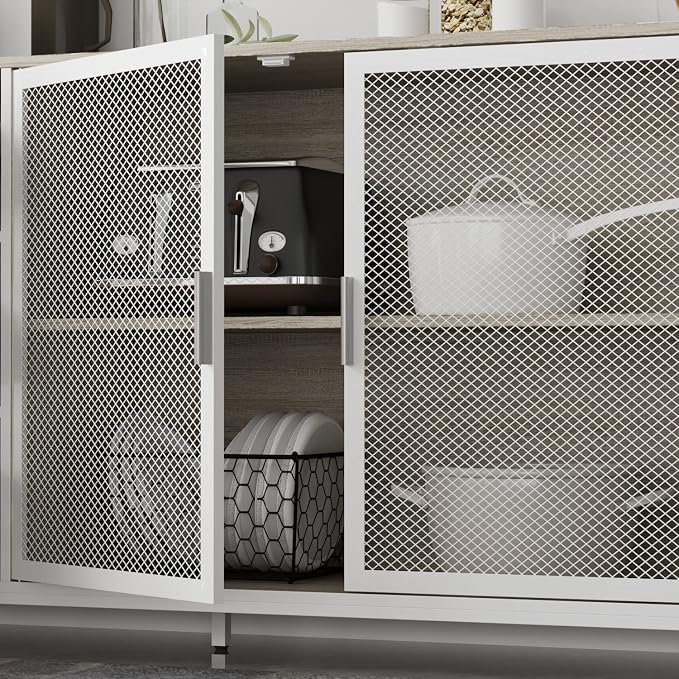 AIEGLE Large Kitchen Hutch Storage Cabinet, Pantry Cabinets with Hutch, Metal Frame Cupboard with Mesh Door, Drawer & Microwave Shelf, Freestanding Kitchen Storage, Beige (59" W x 15.7" D x 68.5" H)