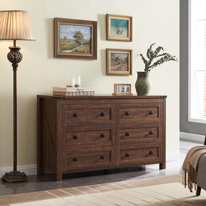 T4TREAM 54" Wide Farmhouse 6-Drawer Dresser for Bedroom, Reclaimed Barnwood | Rustic, Wood Storage Cabinet, Metal Handle, Unique Corner Accent, Bedroom, Living Room, Hallway