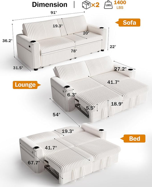 Vipbear 91" Sectional Sleeper Sofa with Pull Out Bed,5-Level Adjustable Backrest,3 Seat Modular Couch with Storage,Tool Free Assembly,USB & Cup Holders, Corduroy Sofa for Living Room,Beige