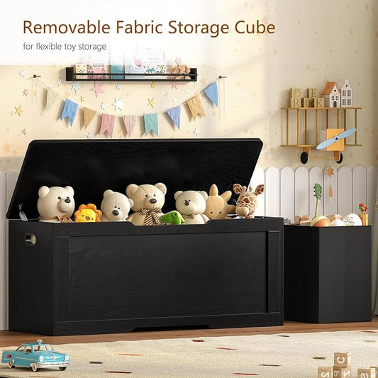 usikey 47.2" Large Storage Chest with Fabric Drawer, Toy Box with Safety Hinges, Extra Wide Storage Bench for Bedroom, Living Room, Entryway, Supports 300 lb