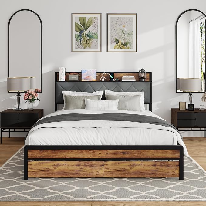 King Size Metal Platform Bed Frame with 2 Storage Drawers, LED Light, Velvet Headboard with USB Port - Heavy Duty, Brown Wooden Panel, No Box Spring Needed - King Bed Frame with Storage (Brown, King)