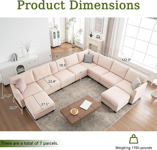 150.4" Large Sectional Couches for Living Room, 8 Seater L Shaped Modular Sectional Sofa with Two Storage Ottomans & USB, Oversized Corner Couch for Living Room(Beige)