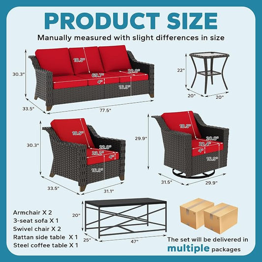7 Pieces Outdoor Conversation Furniture Set - 77" Patio Sofa, 2 Armchairs, 2 Swivel Glider Chairs, 1 Side Table, 1 Metal Table, Patio Wicker Couch with Washable Cushions for Porch (Red)