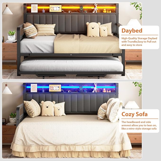 Daybed with Trundle and LED Light, Heavy Duty Metal Full Bed Frame with Upholstered Storage Headboard & Charging Station, Day Bed Pop Up Trundle Bed for Living Room,Bedroom and Guest Room, Brown