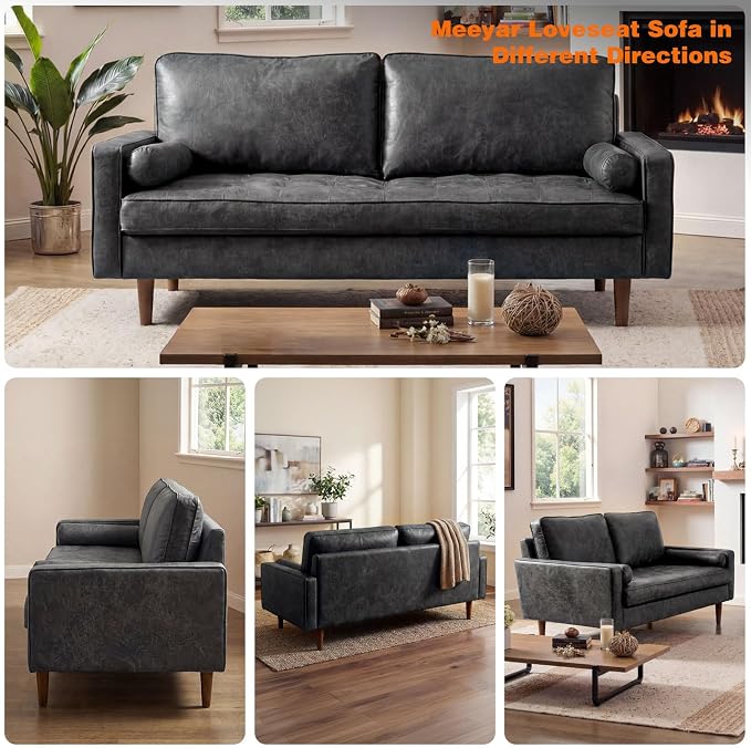 70" Mid-Century Modern Sofa Couch – Faux Leather Loveseat Sofa with Deep Seat & Solid Wood Frame – Includes 2 Accent Pillows – Black Living Room Bedroom Office (Black, 70 inches)